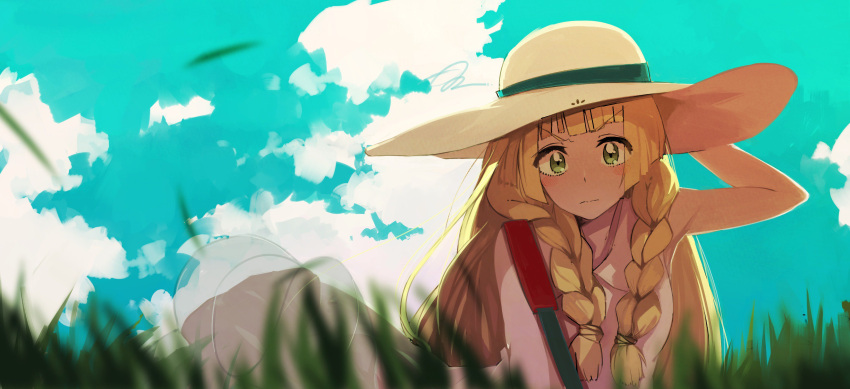&gt;:| 1girl absurdres bag bangs bare_arms blonde_hair blue_sky blunt_bangs blurry blush_stickers braid closed_mouth clouds collared_dress day depth_of_field dress eyebrows_visible_through_hair eyes_visible_through_hair grass green_eyes handbag hat highres lillie_(pokemon) long_hair looking_at_viewer moyashi_(lpppp) outdoors pokemon pokemon_(game) pokemon_sm sky sleeveless sleeveless_dress solo sun_hat sundress twin_braids white_dress white_hat