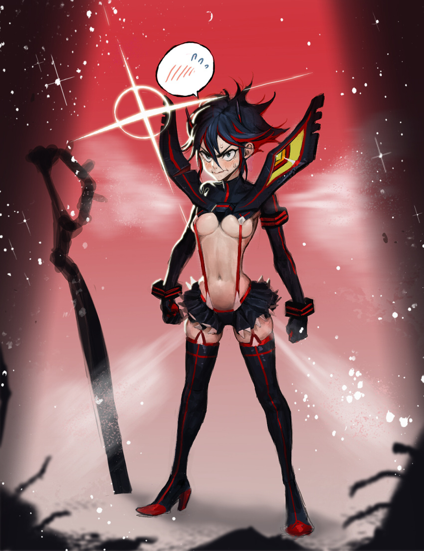 1girl akcho blush boots breasts clenched_hands embarrassed female full_body gradient gradient_background highres kill_la_kill lens_flare looking_at_viewer matoi_ryuuko microskirt multicolored_hair navel revealing_clothes scissor_blade senketsu short_hair skindentation skirt solo speech_bubble spoken_blush spoken_sweatdrop standing streaked_hair suspender_skirt suspenders sweat sweatdrop thigh-highs thigh_boots two-tone_hair under_boob zettai_ryouiki