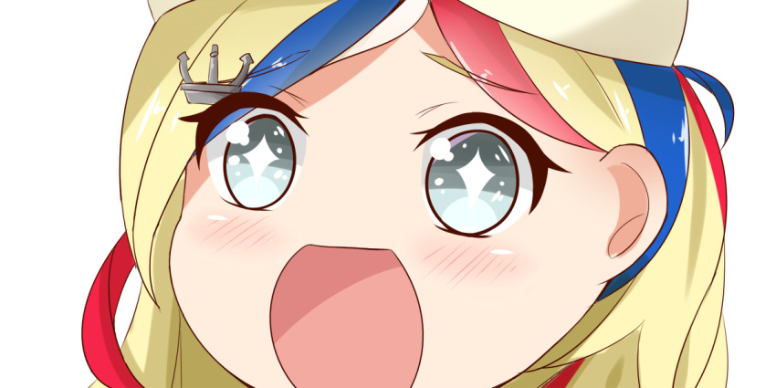 +_+ 1girl blonde_hair blue_hair commandant_teste_(kantai_collection) eyebrows eyebrows_visible_through_hair grey_eyes hair_between_eyes hat kantai_collection long_hair looking_at_viewer multicolored_hair no_nose open_mouth redhead simple_background sin-poi sparkling_eyes streaked_hair symbol-shaped_pupils white_hair