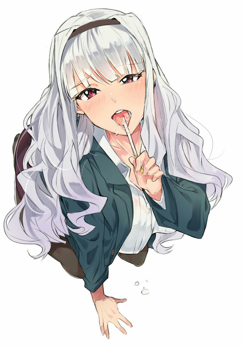 1girl :d black_legwear blush breasts food hairband highres idolmaster long_hair looking_at_viewer open_mouth saliva seiza shijou_takane silver_hair simple_background sitting smile solo teeth tongue tongue_out tuxedo_de_cat violet_eyes white_background