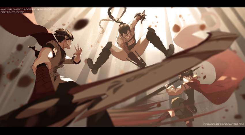 1girl 2boys cape crescent_rose dishwasher1910 forest multiple_boys nature petals_on_water ponytail qrow_branwen ruby_rose rwby scythe tyrian uncle_and_niece