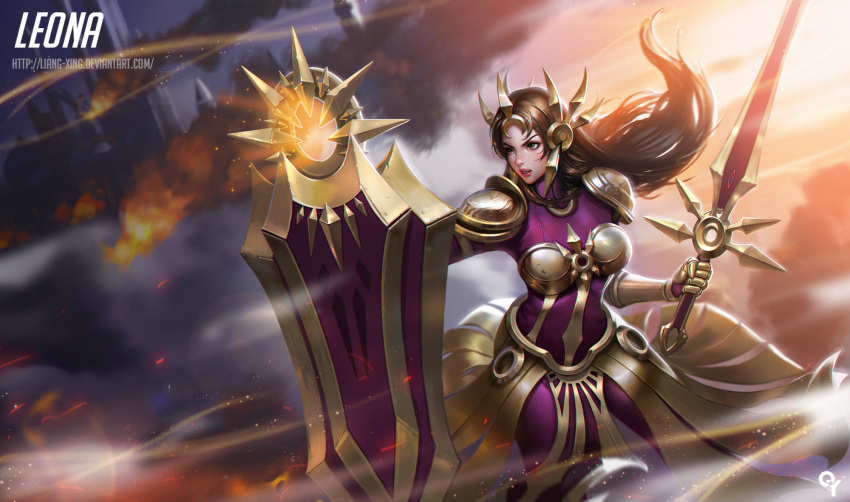 1girl armor armored_dress battle bodysuit boobplate breastplate breasts brown_eyes brown_hair character_name ear_protection evening fighting_stance fire gauntlets glowing headgear headpiece highres holding holding_sword holding_weapon league_of_legends leona_(league_of_legends) liang_xing light_particles long_hair looking_to_the_side medium_breasts orange_sky outdoors outstretched_arm pelvic_curtain shield sky solo spaulders standing sunlight sword watermark weapon web_address