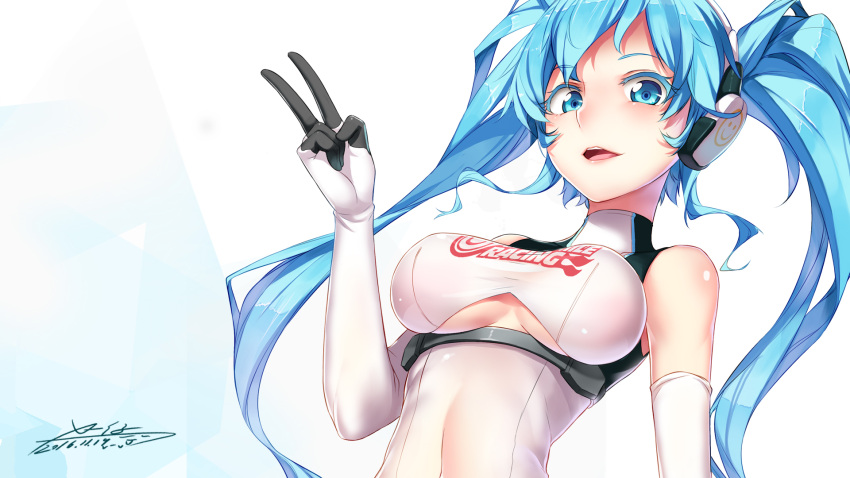 1girl blue_eyes blue_hair breasts colored_eyelashes dated goodsmile_company goodsmile_racing hatsune_miku headphones highres long_hair signature smile solo taut_clothes thigh-highs turtleneck twintails under_boob underboob_cutout v vocaloid x-boy
