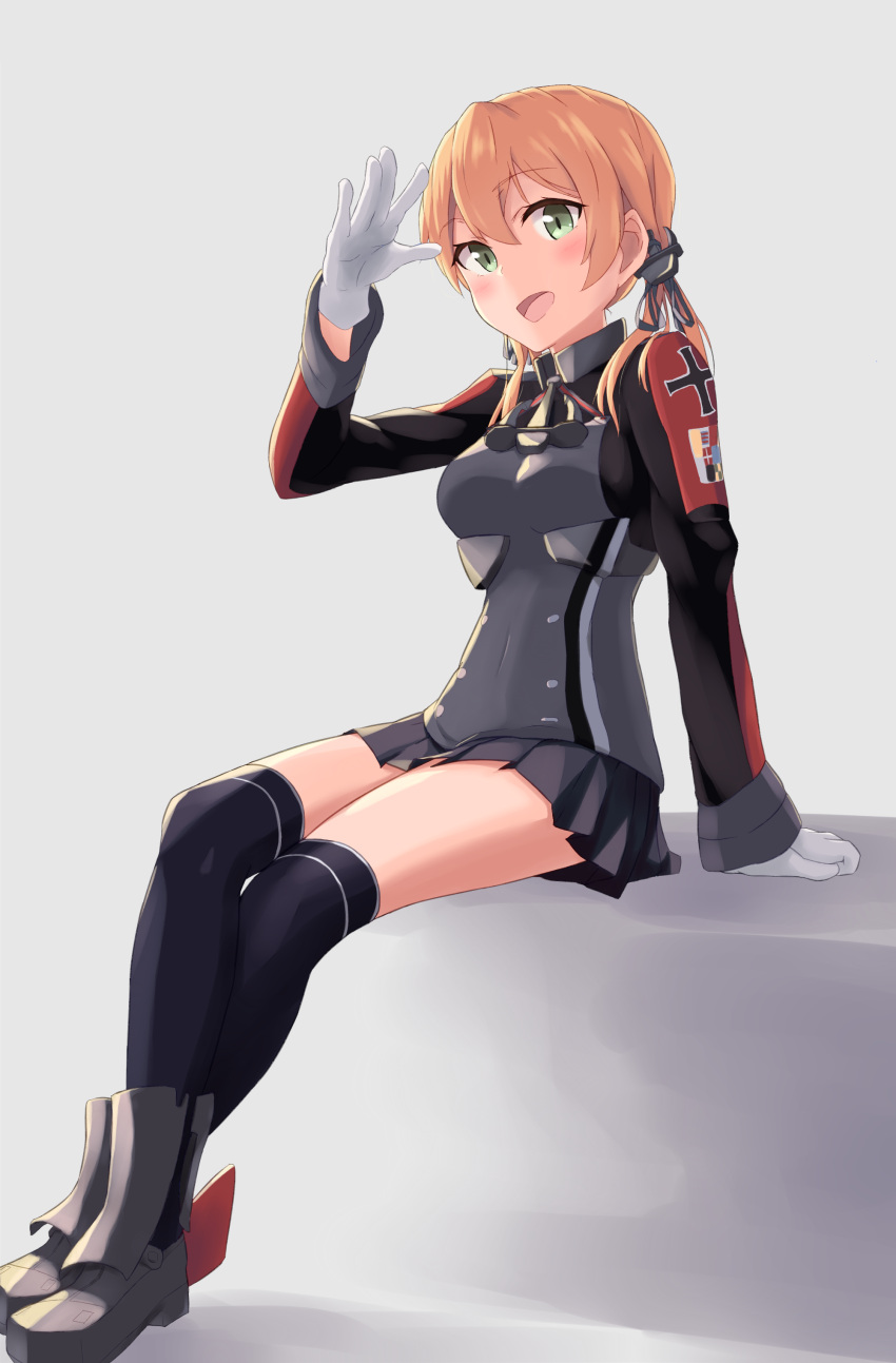 1girl :d absurdres anchor_hair_ornament arm_support black_ribbon black_skirt blonde_hair breasts full_body gloves green_eyes hair_ornament hat highres hiiragii_(hiiragi_0404) iron_cross kantai_collection kneehighs long_sleeves looking_at_viewer low_twintails medium_breasts microskirt military military_uniform miniskirt no_hat no_headwear open_mouth prinz_eugen_(kantai_collection) ribbon salute sitting skirt smile twintails uniform