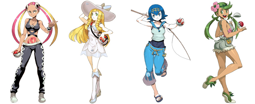 4girls baggy_pants capri_pants fishing_rod genzoman hat highres holding holding_poke_ball lillie_(pokemon) mallow_(pokemon) multiple_girls no_socks pants plumeri_(pokemon) plumeria_(pokemon) poke_ball pokemon pokemon_(game) pokemon_sm sandals suiren_(pokemon) toes