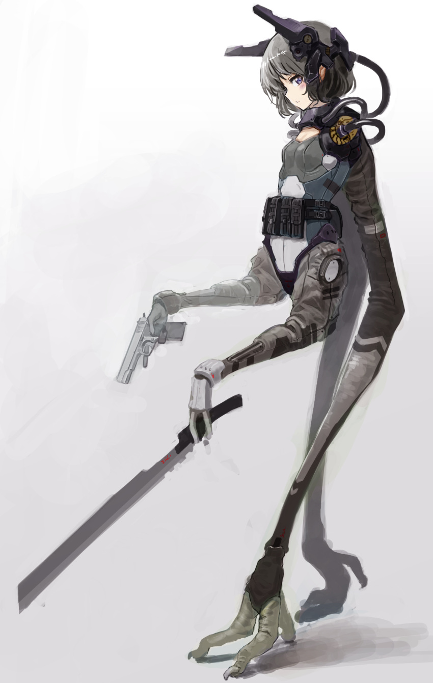 1girl absurdres bangs blue_eyes blush blush_stickers bodysuit breasts cyborg full_body gun handgun highres holding holding_gun holding_sword holding_weapon hose load_bearing_equipment looking_at_viewer m1911 mechanical_arms mechanical_legs oota_youjo original parted_lips pistol prosthesis prosthetic_arm prosthetic_leg robot_ears short_hair silver_hair simple_background small_breasts solo sword teeth trigger_discipline weapon what white_background