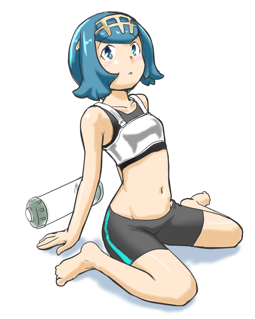 1girl :o arms_behind_back bangs bare_arms bare_legs bike_shorts blue_eyes blue_hair blush breasts collarbone company_connection cosplay eyebrows_visible_through_hair full_body groin hairband highres leaning_back looking_at_viewer navel open_mouth pokemon pokemon_(game) pokemon_sm shadow short_hair simple_background single_vertical_stripe sitting small_breasts solo splatoon sports_bra suiren_(pokemon) takozonesu takozonesu_(cosplay) toraneko555 trial_captain white_background