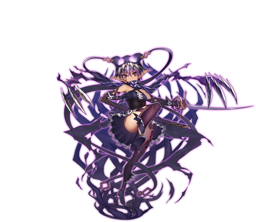 1girl asafimu boots covered_mouth dress elbow_gloves facial_mark full_body gloves glowing gretel_(sennen_sensou_aigis) holding holding_sword holding_weapon looking_at_viewer official_art purple_hair scarf sennen_sensou_aigis skirt solo sword tattoo transparent_background underbust weapon