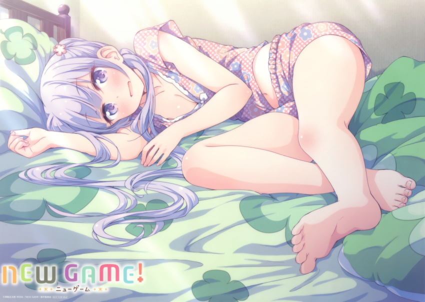 1girl absurdres barefoot bed breasts cleavage collarbone copyright_name feet hair_ornament highres huge_filesize long_hair looking_at_viewer lying medium_breasts new_game! official_art on_side pajamas pillow purple_hair shiny shiny_skin shorts soles solo suzukaze_aoba toes tokunou_shoutarou violet_eyes