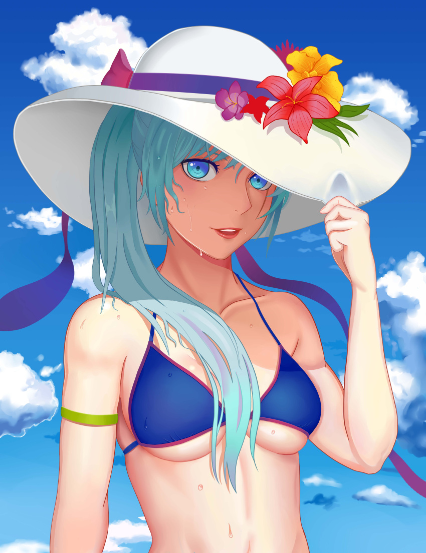 1girl absurdres alternate_breast_size aqua_hair bikini blue_eyes breasts clouds collarbone day flower hat highres lipstick long_hair looking_at_viewer makeup medium_breasts nipples parted_lips rwby simple_background sky solo swimsuit weiss_schnee wet zhao_shixuan