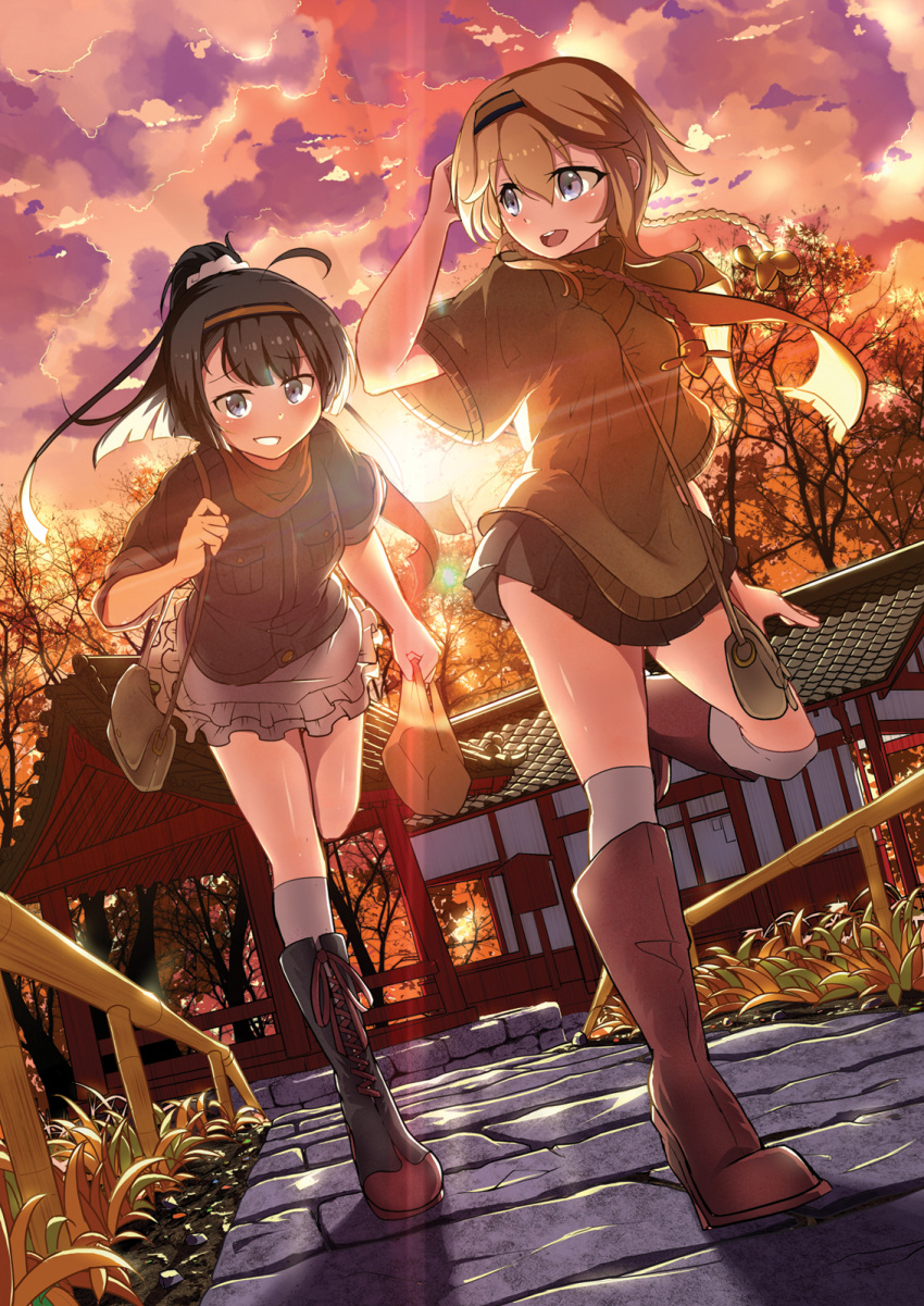 2girls :d akizuki_(kantai_collection) alternate_costume bag black_hair boots breast_pocket brown_hair building carillus casual clouds cloudy_sky commentary_request hairband highres holding kantai_collection knee_boots light_rays long_hair multiple_girls open_mouth plastic_bag pleated_skirt ponytail running scarf shopping_bag silver_hair skirt sky smile sweater teruzuki_(kantai_collection) thighs tree twilight