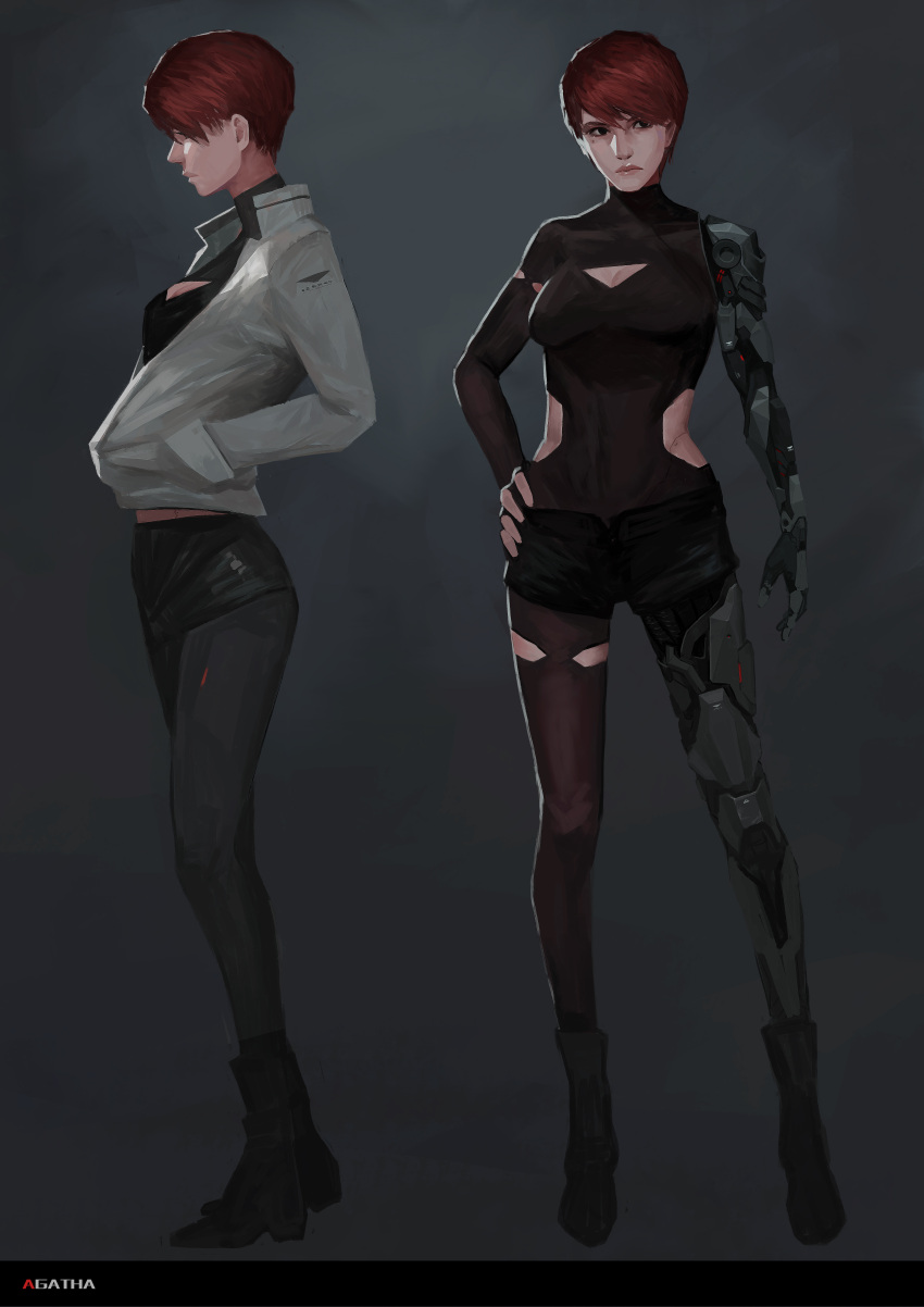 1girl absurdres agatha_(tony_sun) android black_boots black_legwear black_shoes boots character_name character_sheet closed_mouth cyborg from_side highres jacket mechanical_arm nose original pantyhose profile redhead shoes short_hair standing tony_sun white_jacket