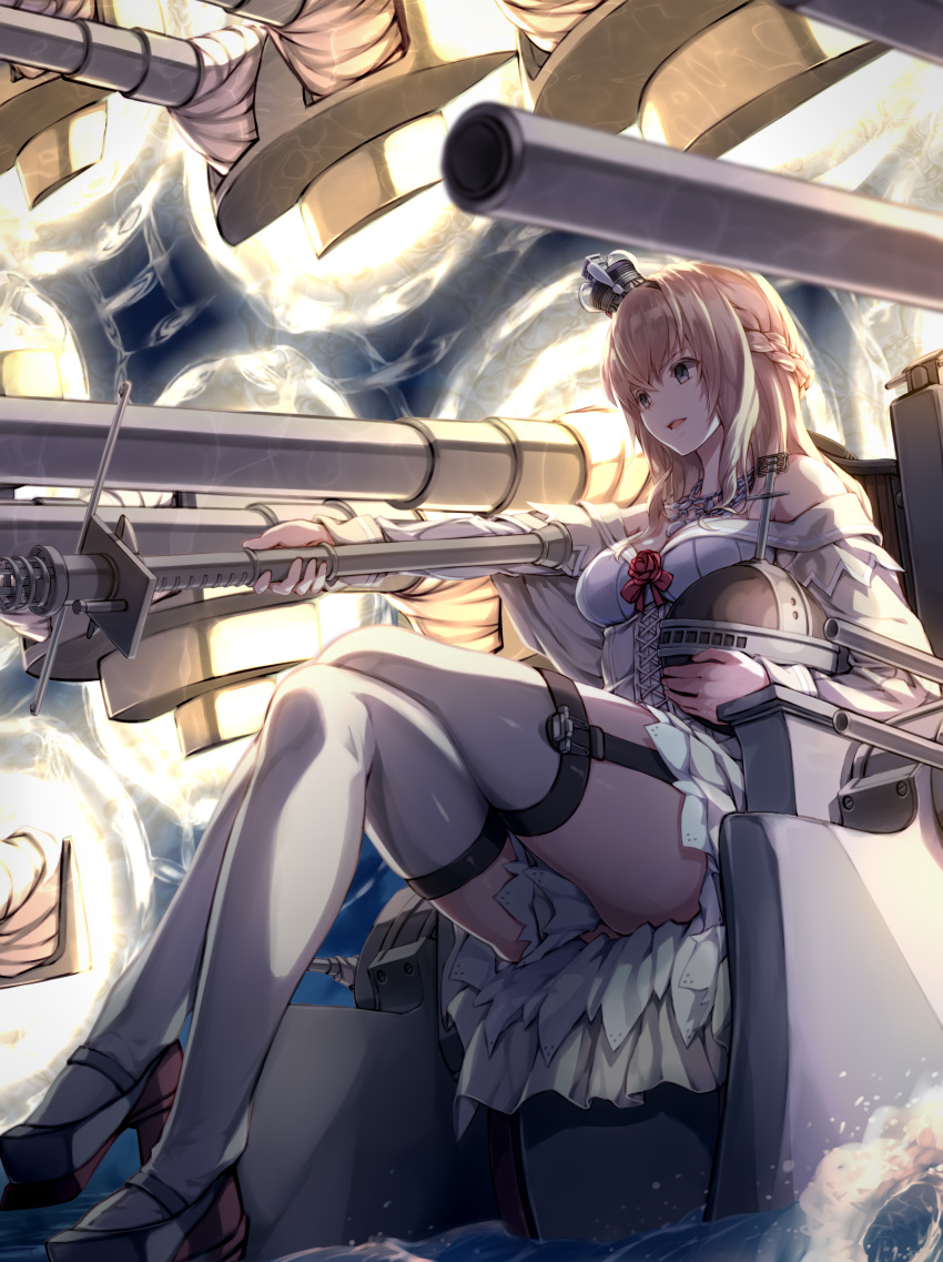 1girl absurdres bangs bare_shoulders blonde_hair blue_eyes braid breasts commentary_request crown dress empty_eyes fate_(series) french_braid gate_of_babylon globus_cruciger highres jewelry kantai_collection katoroku legs_crossed long_hair medium_breasts mini_crown necklace off-shoulder_dress off_shoulder parody sitting solo thigh-highs turret warspite_(kantai_collection) white_dress white_legwear