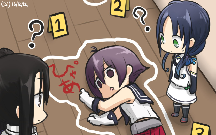 3girls ? blue_hair chalk_outline commentary corpse crime_scene dated death dying_message elbow_gloves gloves hair_ribbon hamu_koutarou highres kantai_collection long_hair multiple_girls nachi_(kantai_collection) purple_hair ribbon sakawa_(kantai_collection) school_uniform serafuku side_ponytail sidelocks sleeveless suzukaze_(kantai_collection) twintails