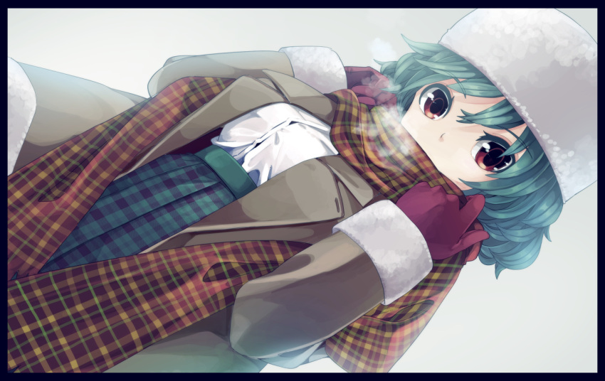 1girl adjusting_clothes aioi_aoi alternate_costume bangs black_border border breath brown_coat coat cowboy_shot dutch_angle eyebrows_visible_through_hair fur-trimmed_coat fur-trimmed_sleeves fur_hat fur_trim gloves green_hair green_skirt hair_between_eyes hands_up hat high-waist_skirt kazami_yuuka long_sleeves looking_at_viewer plaid plaid_scarf plaid_skirt pleated_skirt red_eyes red_gloves scarf scarf_over_mouth shirt short_hair simple_background skirt solo touhou white_background white_shirt winter_clothes winter_coat