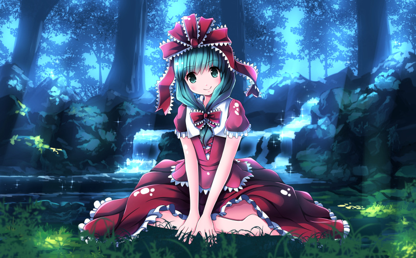 1girl barefoot forest frilled_ribbon frills front_ponytail grass green_eyes green_hair hair_ribbon hands_on_ground head_tilt highres indian_style kagiyama_hina light_blush light_rays long_hair looking_at_viewer nature puffy_short_sleeves puffy_sleeves ribbon risutaru short_sleeves sitting skirt skirt_set smile solo sparkle stream sunbeam sunlight touhou water waterfall