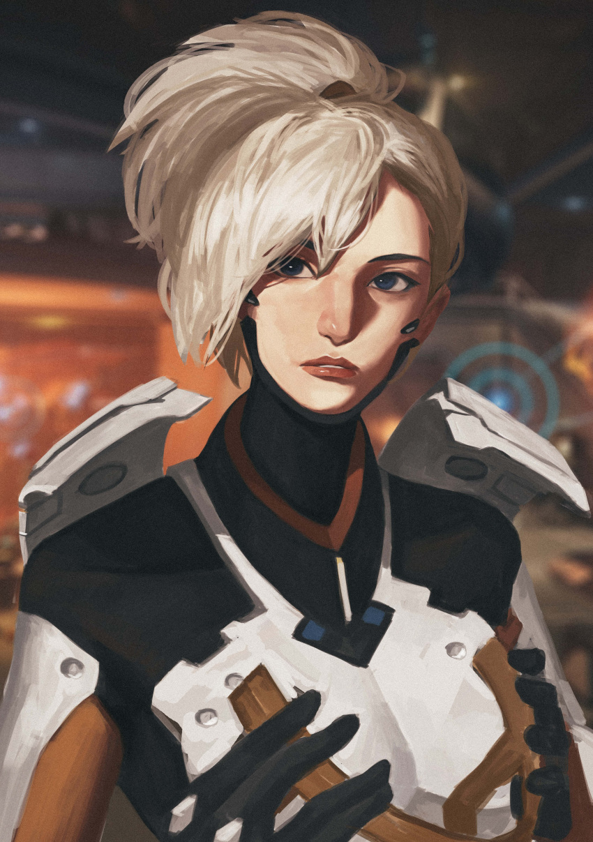1girl absurdres bangs black_gloves black_shirt blonde_hair blue_eyes bodysuit breastplate breasts gloves hair_ornament hair_tie headwear headwear_removed highres holding indoors lipstick long_hair makeup mechanical_halo mercy_(overwatch) overwatch parted_lips ponytail red_lips red_lipstick shirt solo taut_clothes taut_shirt tony_sun turtleneck upper_body