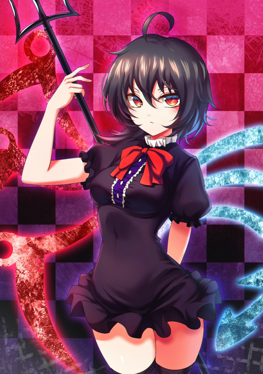 &gt;:/ 1girl ahoge asymmetrical_wings bangs black_dress black_hair black_legwear bow bowtie breasts checkered checkered_background closed_mouth covered_navel cowboy_shot dress hair_between_eyes highres holding holding_weapon houjuu_nue koissa looking_at_viewer polearm puffy_short_sleeves puffy_sleeves red_bow red_bowtie red_eyes short_dress short_sleeves small_breasts solo thigh-highs touhou trident weapon wings
