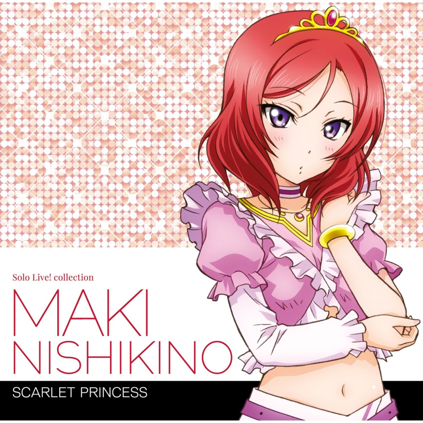 1girl album_cover blush bracelet character_name collar cover crossed_arms earrings english frills hair_ornament highres jewelry looking_at_viewer love_live! love_live!_school_idol_project navel necklace nishikino_maki redhead short_hair short_sleeves simple_background solo tiara upper_body violet_eyes