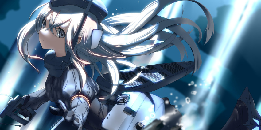 1girl bangs blue_eyes bubble cropped_jacket dutch_angle expressionless eyebrows_visible_through_hair garrison_cap hair_between_eyes hat highres holding kantai_collection light_rays long_hair looking_at_viewer outstretched_arm silver_hair solo tsuuhan u-511_(kantai_collection) underwater