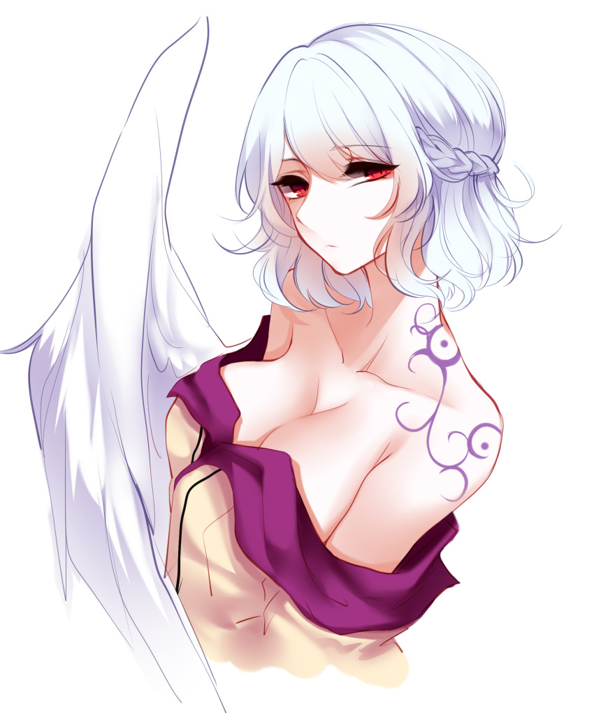 1girl absurdres bare_shoulders braid breasts cleavage closed_mouth collarbone expressionless feathered_wings french_braid from_side half_updo highres kishin_sagume looking_at_viewer looking_to_the_side medium_breasts off_shoulder red_eyes sheya short_hair single_wing solo tattoo touhou upper_body white_background white_hair white_wings wings