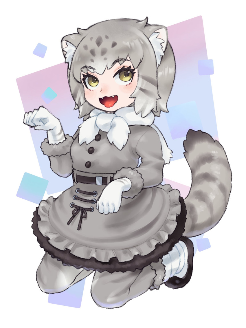 1girl :p an-chan_(ananna0315) animal_ears black_fur blush boots buttons cat_ears cat_girl cat_tail commentary_request eyebrows_visible_through_hair fangs frilled_skirt frills fur_trim gloves grey_fur grey_hair grey_legwear grey_skirt grey_sweater high-waist_skirt highres kemono_friends kneeling long_sleeves multicolored_hair open_mouth pallas's_cat_(kemono_friends) pantyhose paw_pose short_hair skirt solo sweater tail tongue tongue_out white_footwear white_gloves white_hair white_neckwear yellow_eyes