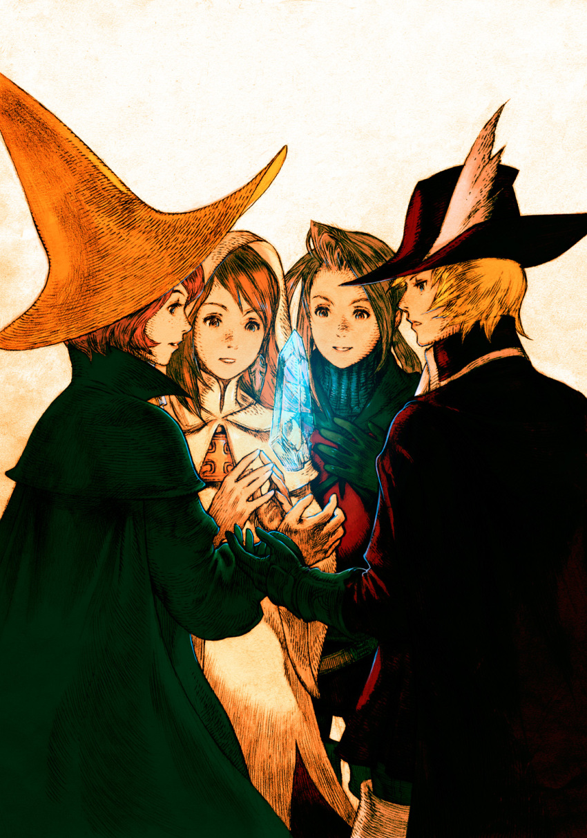 arc_(ff3) black_mage blonde_hair blue_eyes brown_hair crystal everyone feathers final_fantasy final_fantasy_iii glove gloves hat highres ingus luneth multiple_boys official_art ponytail red_mage refia short_hair thief turtleneck warrior white_mage witch_hat yoshida_akihiko