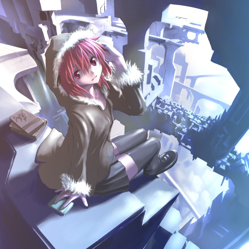 hood horns original red_eyes red_hair redhead short_hair sitting skirt smile ssi thigh-highs thighhighs zettai_ryouiki