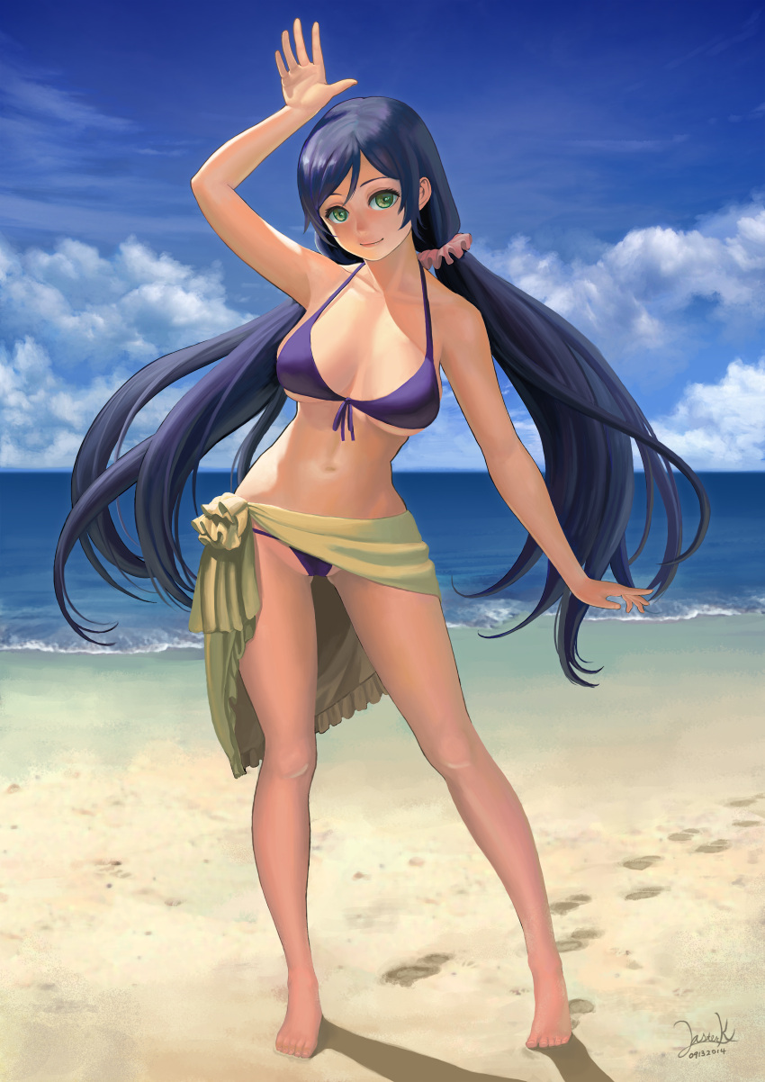 1girl absurdres arm_up beach bikini breasts clouds contrapposto dated footprints front-tie_bikini front-tie_top green_eyes highres large_breasts lasterk long_hair looking_at_viewer love_live!_school_idol_project navel ocean purple_bikini purple_hair sarong signature sky smile solo standing strap_gap swimsuit toujou_nozomi very_long_hair