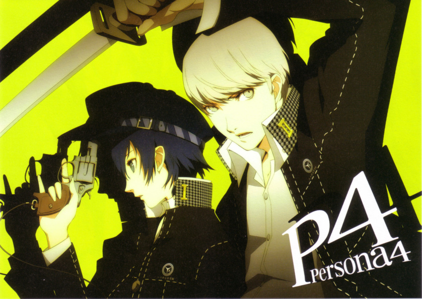 blue_eyes blue_hair cabbie_hat couple grey_eyes grey_hair gun handgun hat highres jacket narukami_yuu official_art persona persona_4 reverse_trap scan school_uniform seta_souji shigenori_soejima shirogane_naoto short_hair soejima_shigenori sword trigger_discipline weapon