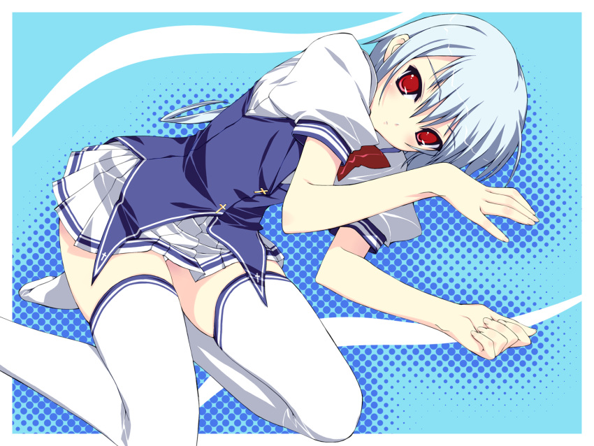 highres kuu_(lyrical_lyric) lyrical_lyric murakami_suigun red_eyes school_uniform thigh-highs thighhighs white_hair