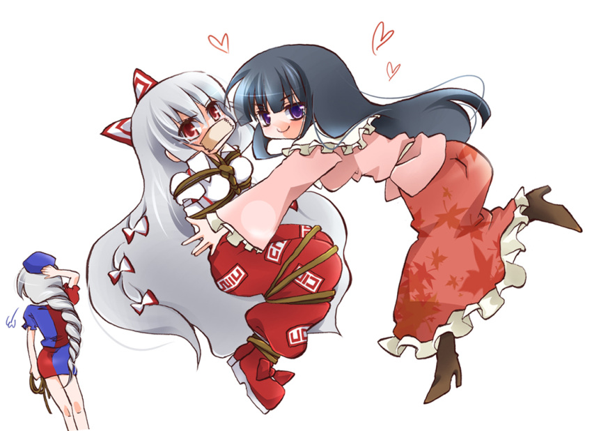 black_hair bondage boots bow braid fujiwara_no_mokou gag gagged hair_ribbon hat high_heels houraisan_kaguya long_hair purple_eyes red_eyes ribbon shirishiriu-tan_(pixiv) shoes sigh silver_hair tape tapegag tears touhou violet_eyes yagokoro_eirin