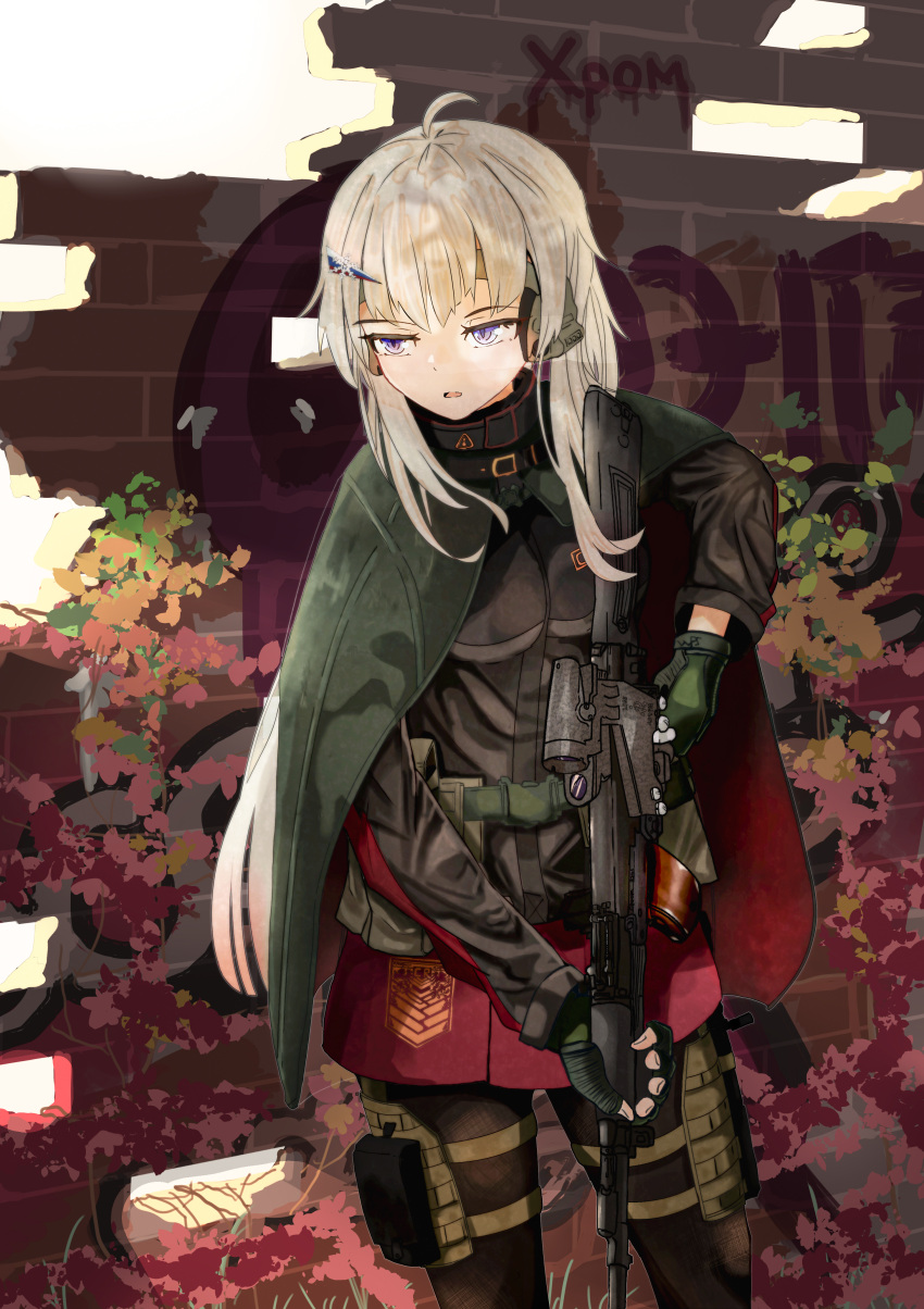 1girl :o absurdres ak-74m ak74m_(girls'_frontline) ammunition_belt ammunition_pouch assault_rifle bangs black_legwear blonde_hair breasts camouflage camouflage_cloak camouflage_gloves chrom_3201 cloak eyebrows_visible_through_hair feet_out_of_frame girls_frontline gloves green_cloak green_gloves gun hair_ornament headphones headset highres holding holding_gun holding_weapon holster jacket kalashnikov_rifle long_hair looking_away medium_breasts open_mouth pantyhose pouch red_skirt rifle russian_flag russian_text serious skirt snowflake_hair_ornament solo standing tactical_clothes violet_eyes weapon