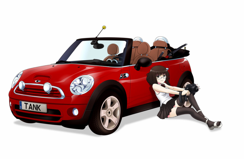 black_legwear camera car glasses kazu kikuko_(kazu) leaning_back legs mini_cooper motor_vehicle original pleated_skirt shoes sitting skirt smile sword thigh-highs thighhighs vehicle weapon zettai_ryouiki