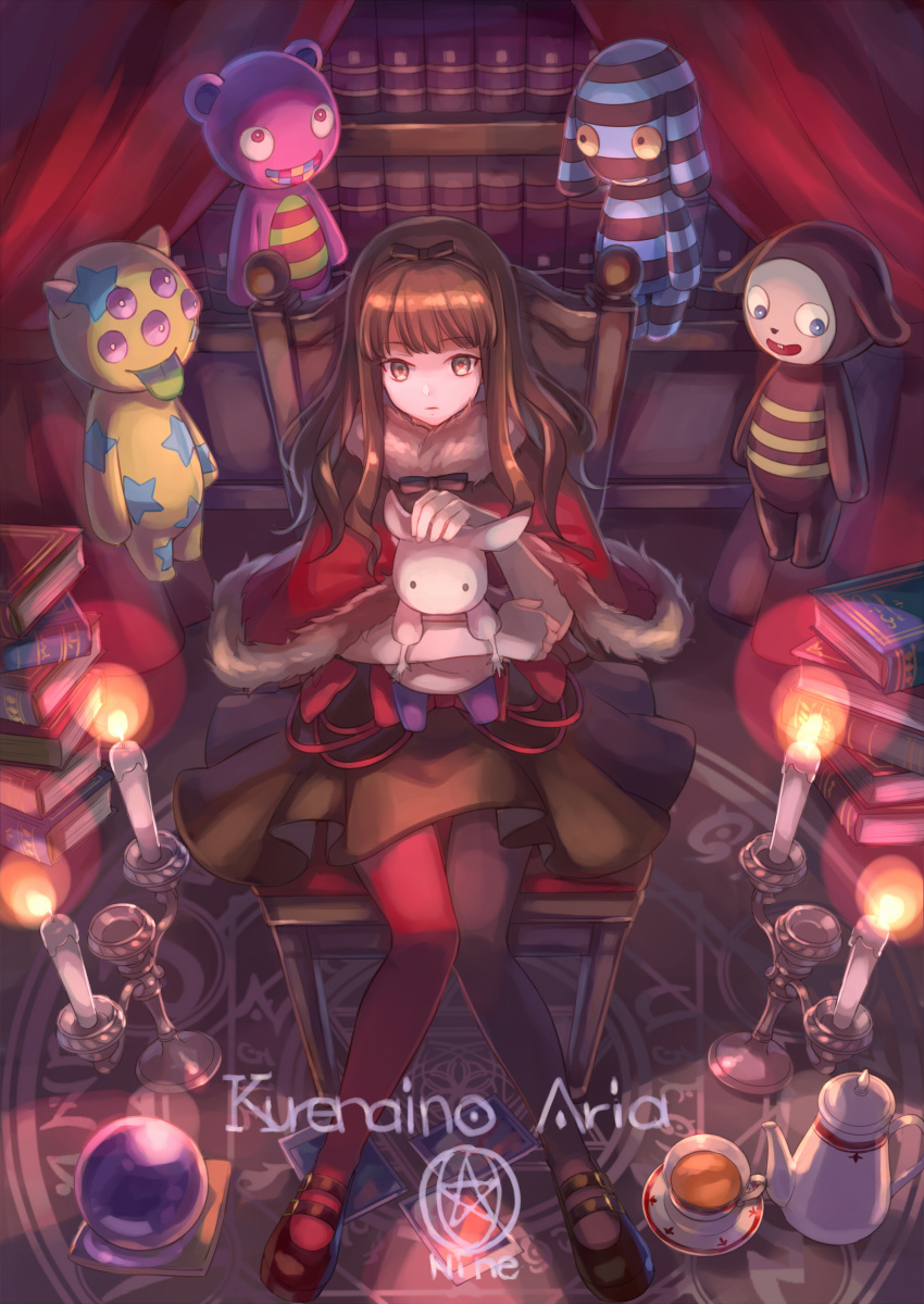1girl absurdres bangs black_legwear book bookshelf brown_eyes brown_hair candle candlelight candlestand cape chair character_name copyright_name crystal_ball cup curtains expressionless eyebrows_visible_through_hair fur_trim hairband highres holding_stuffed_animal knees_together_feet_apart kurenaino_aria long_hair magic_circle occultic;nine parted_lips red_legwear shoes sitting skirt solo stuffed_animal stuffed_toy tea teacup teapot zoff_(daria)