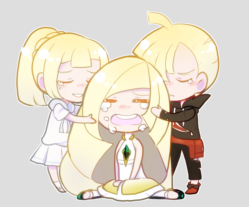 2girls blonde_hair brother_and_sister chibi closed_eyes commentary_request crying dress gladio_(pokemon) hug lillie_(pokemon) lusamine_(pokemon) mother_and_daughter mother_and_son multiple_girls pokemon pokemon_(game) pokemon_sm ponytail sabamoon1717 siblings tears