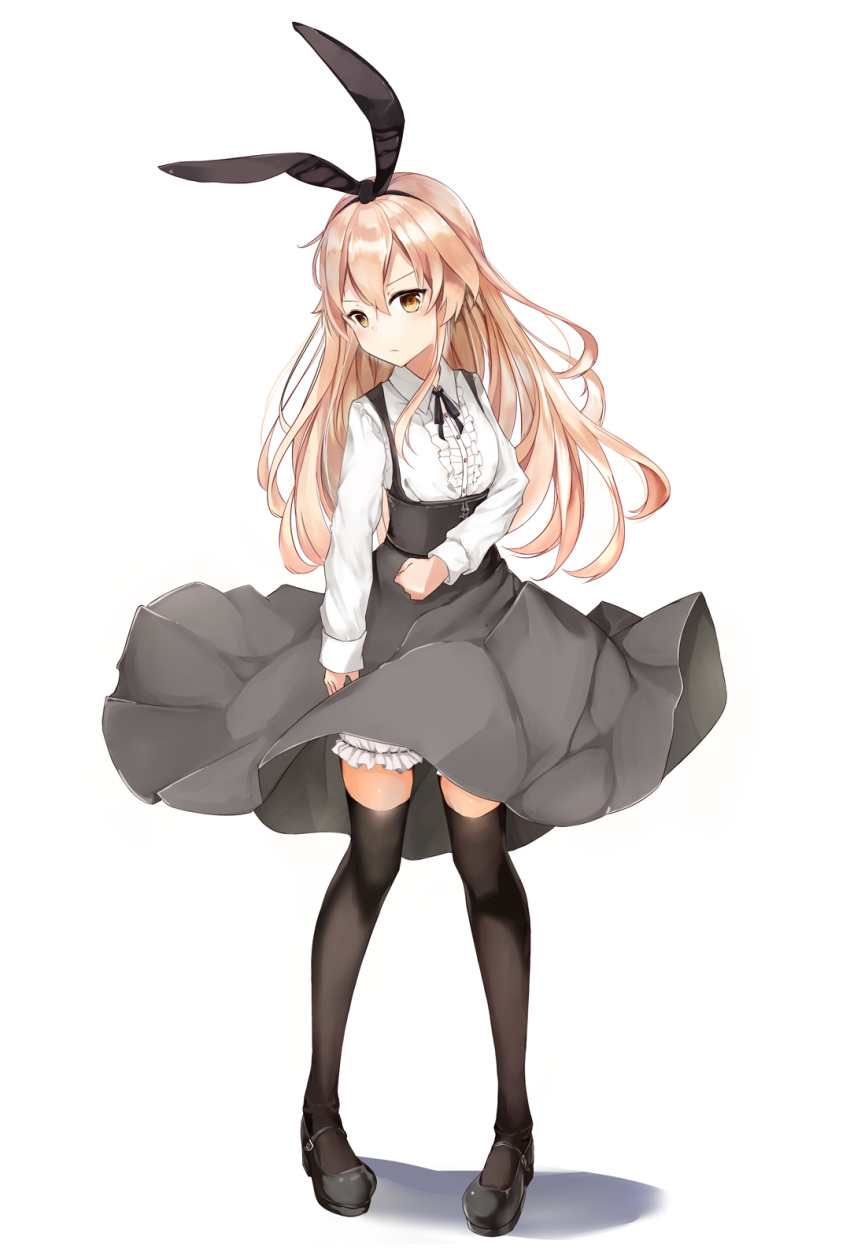 1girl alternate_costume arm_at_side black_dress black_legwear black_shoes black_skirt bloomers casual clenched_hand collared_shirt dress full_body hair_between_eyes hairband highres kantai_collection long_hair long_sleeves serious shimakaze_(kantai_collection) shirt shoes skirt solo suspender_skirt suspenders thigh-highs unajuu underbust underwear virgin_killer_outfit white_shirt wind wind_lift yellow_eyes