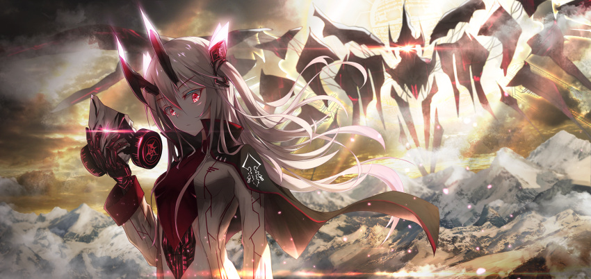 1girl albino android boyogo capelet expressionless highres horns long_hair looking_down mask mountain original pale_skin red_eyes twintails white_hair