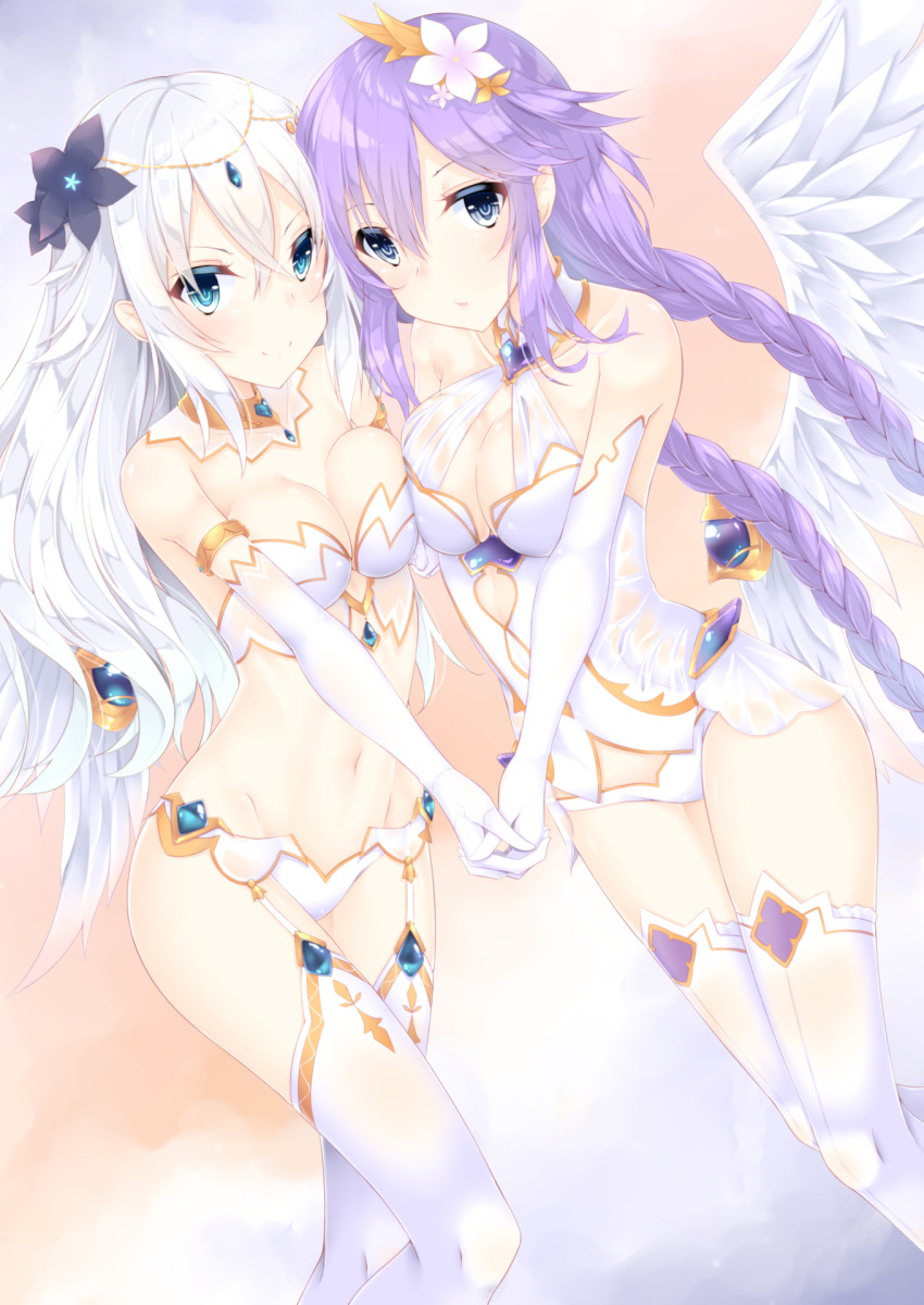 2girls :o angel_wings asymmetrical_docking bikini black_heart blue_eyes braid breast_press breasts choujigen_game_neptune circlet cleavage closed_mouth colored_eyelashes cowboy_shot detached_collar elbow_gloves feathered_wings female flower garter_straps gem gloves hair_between_eyes hair_flower hair_ornament hand_holding highres long_hair looking_at_viewer medium_breasts multiple_girls navel neptune_(choujigen_game_neptune) neptune_(series) noire parted_lips purple_hair purple_heart sapphire_(stone) see-through shikapiro smile standing stomach swimsuit symbol-shaped_pupils twin_braids very_long_hair white_bikini white_gloves white_hair white_legwear white_wings wings yuri