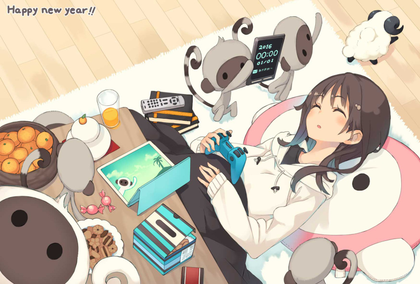 1girl 2016 book bowl box brown_hair candy closed_eyes controller cookie eyebrows_visible_through_hair food fruit game_controller glass highres hood hoodie japan_post_service kagami_mochi kotatsu long_hair lying mk_(masatusaboten) monkey new_year on_back orange orange_juice parted_lips pillow plate remote_control rug sheep sleeping solo table tablet wrapped_candy
