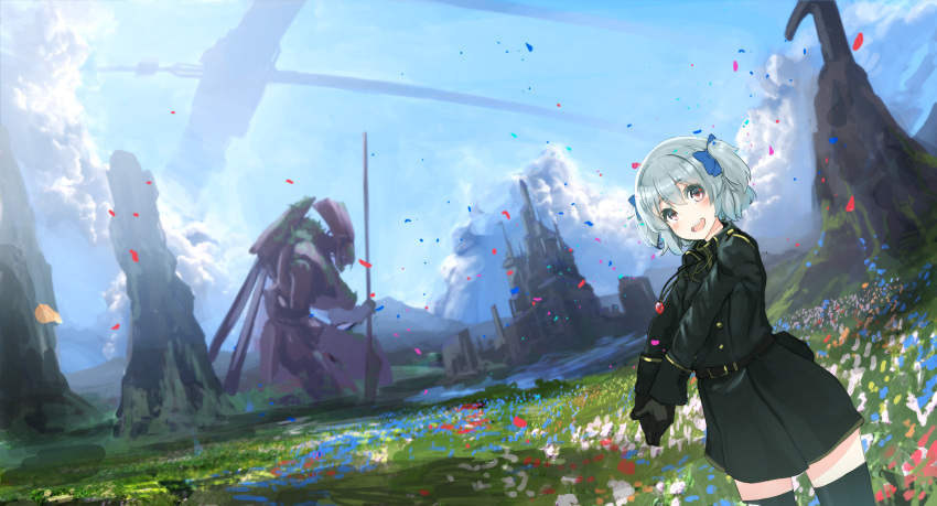 1girl belt black_gloves black_legwear blurry blush bow castle cliff clouds contrapposto cowboy_shot day depth_of_field dutch_angle epaulettes fantasy field flower flower_field gloves hair_bow hands_together highres jewelry landscape looking_at_viewer looking_to_the_side mecha military military_uniform moat oota_youjo open_mouth original overgrown pendant petals pink_eyes polearm pouch scenery science_fiction short_hair silver_hair sketch sky smile solo spear sunlight thigh-highs two_side_up uniform water weapon zettai_ryouiki