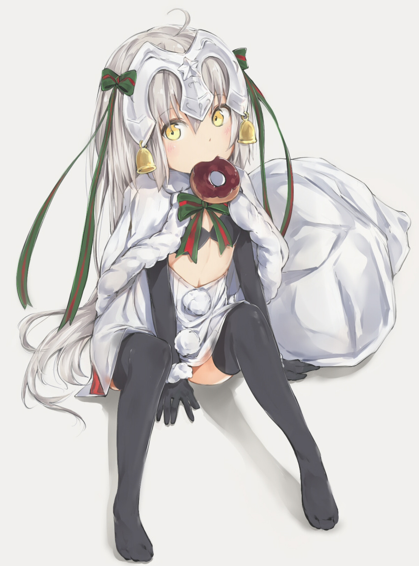 1girl ahoge bell between_legs black_gloves black_legwear blonde_hair blush bow capelet doughnut elbow_gloves fate/grand_order fate_(series) food fur_trim gloves hair_ribbon hand_between_legs headpiece highres jeanne_alter jeanne_alter_(santa_lily)_(fate) long_hair looking_at_viewer mouth_hold no_shoes ribbon ruler_(fate/apocrypha) sack silver_(chenwen) sitting solo striped striped_bow striped_ribbon thigh-highs yellow_eyes
