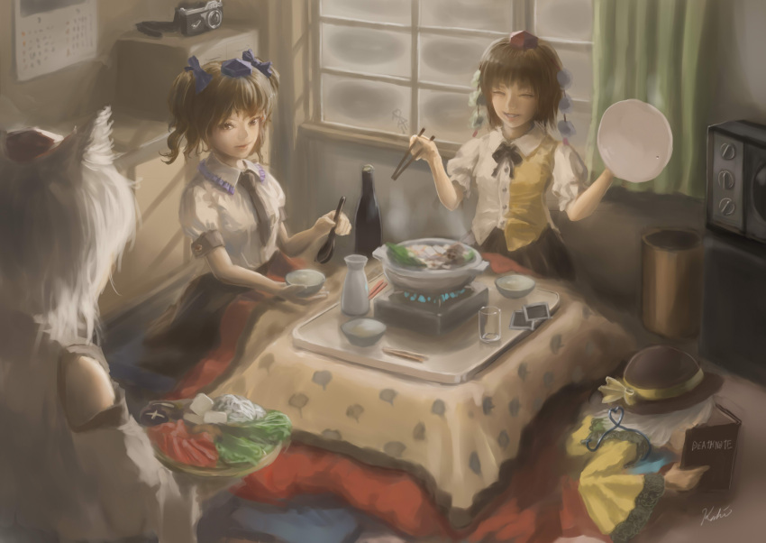 4girls ai_ai_gasa animal_ears artist_name black_necktie blue_ribbon book bottle bowl brown_eyes brown_hair brown_skirt calendar_(object) camera chopsticks closed_eyes cup curtains death_note detached_sleeves drinking_glass food frilled_sleeves frills grin hair_ribbon hat hat_ribbon heart heart_of_string highres himekaidou_hatate indoors inubashiri_momiji komeiji_koishi koshi_(koshi_vortex) kotatsu ladle lid lips long_sleeves looking_at_another multiple_girls mushroom necktie open_book photo_(object) reading ribbon shameimaru_aya short_hair short_sleeves sitting skirt smile sukiyaki table television tofu tokin_hat tokkuri touhou trash_can twintails under_kotatsu under_table when_you_see_it white_hair window wolf_ears