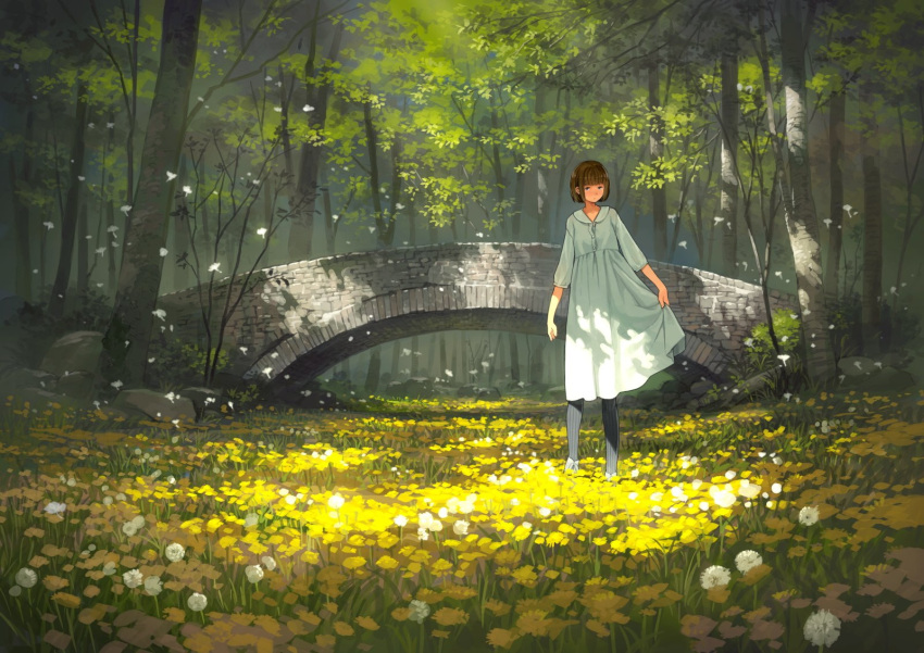 1girl bangs black_eyes bridge brown_hair dappled_sunlight dress flower forest grass green_dress highres nature original outdoors rock scenery short_hair solo striped striped_legwear sunlight tree wind yoshida_seiji