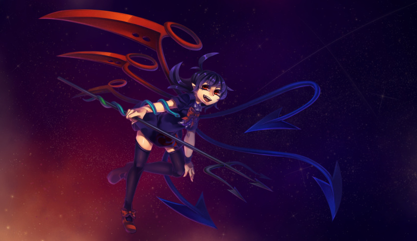 1girl absurdres ami2 asymmetrical_hair asymmetrical_wings black_dress black_hair black_legwear blue_wings bow dress fang floating highres holding holding_weapon houjuu_nue looking_at_viewer night night_sky nue open_mouth polearm red_bow red_eyes red_shoes red_wings shoe_bow shoes short_dress short_sleeves sky snake solo star_(sky) teeth thigh-highs touhou trident weapon wings zettai_ryouiki