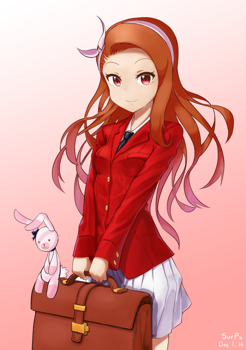 1girl bangs black_necktie blazer blouse breasts brown_eyes brown_hair casual cowboy_shot hairband highres idolmaster jacket light_smile long_hair looking_at_viewer minase_iori miniskirt necktie pleated_skirt red_jacket school_uniform simple_background skirt small_breasts stuffed_animal stuffed_bunny stuffed_toy surps swept_bangs white_blouse white_skirt