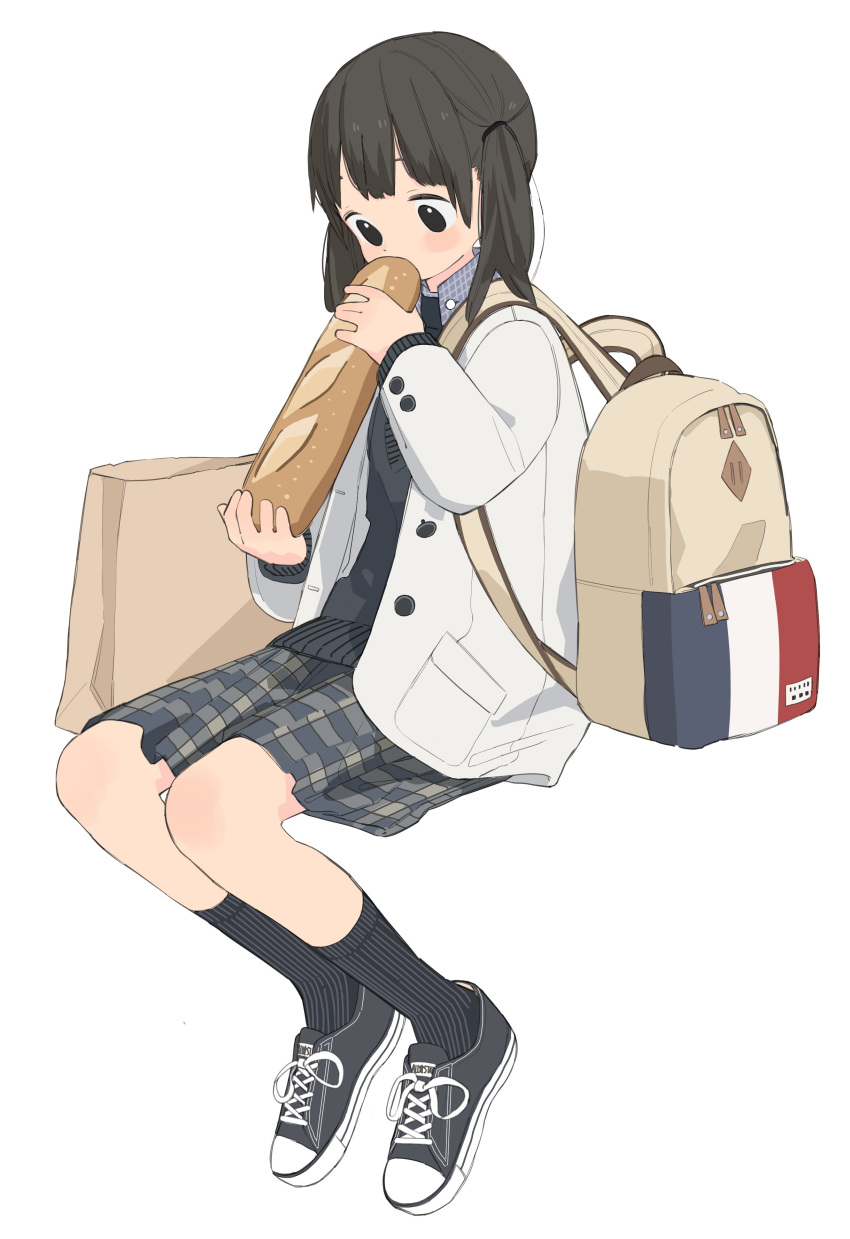 1girl absurdres backpack bag baguette bangs black_eyes black_hair black_legwear blazer blush bread checkered checkered_shirt checkered_skirt collared_shirt converse eating flag_print food french_flag highres holding holding_food jacket kneehighs kumanoi_(nichols) legs_together looking_down necktie original paper_bag pleated_skirt school_uniform shirt shoes simple_background sitting skirt sneakers solo sweater twintails unbuttoned white_background white_jacket