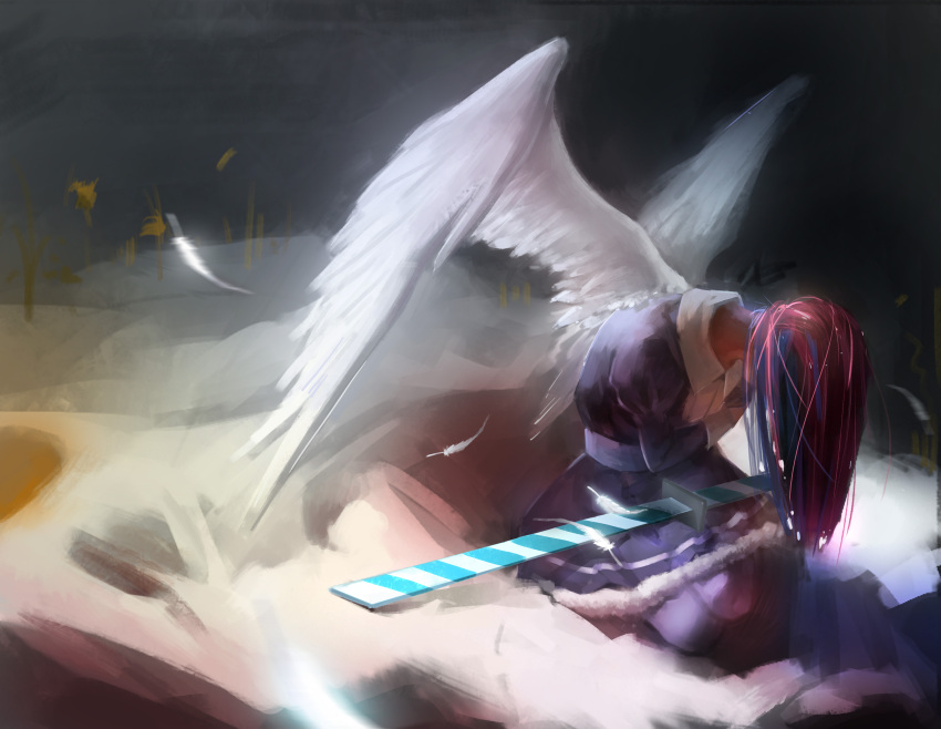 1girl absurdres angel_wings black_dress dark dress feathered_wings feathers gothic_lolita head_down highres kneeling lolita_fashion minza_(xumin_huanyi) multicolored_hair panty_&amp;_stocking_with_garterbelt petticoat sitting solo stocking_(psg) sword two-tone_hair weapon white_wings wings