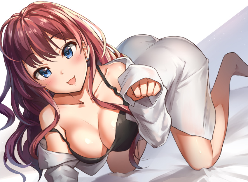 1girl :3 absurdres all_fours blue_eyes breasts brown_hair highres ichinose_shiki idolmaster idolmaster_cinderella_girls long_hair looking_at_viewer off_shoulder open_mouth smile solo takeya_y0615