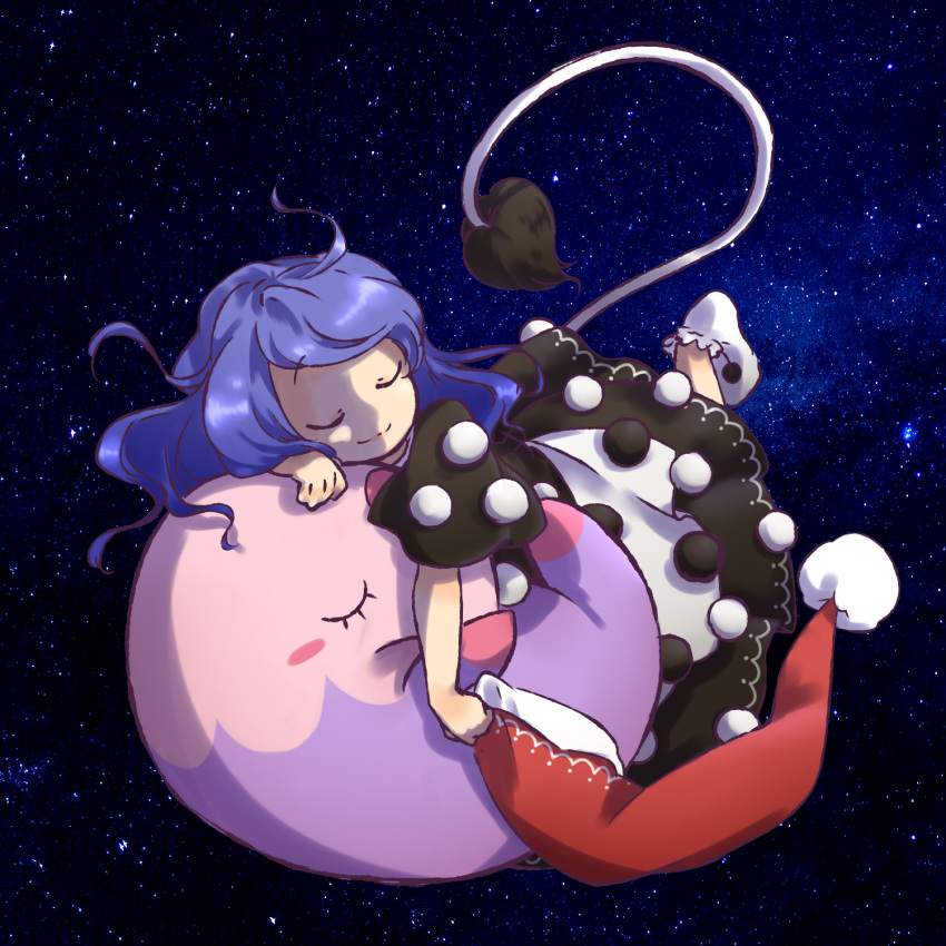 1girl blue_hair closed_eyes doremy_sweet dress hat hat_removed headwear_removed highres iiwake long_hair lying musharna nightcap on_stomach pokemon pokemon_(creature) pom_pom_(clothes) sleeping smile socks star_(sky) tail tapir_tail touhou white_legwear